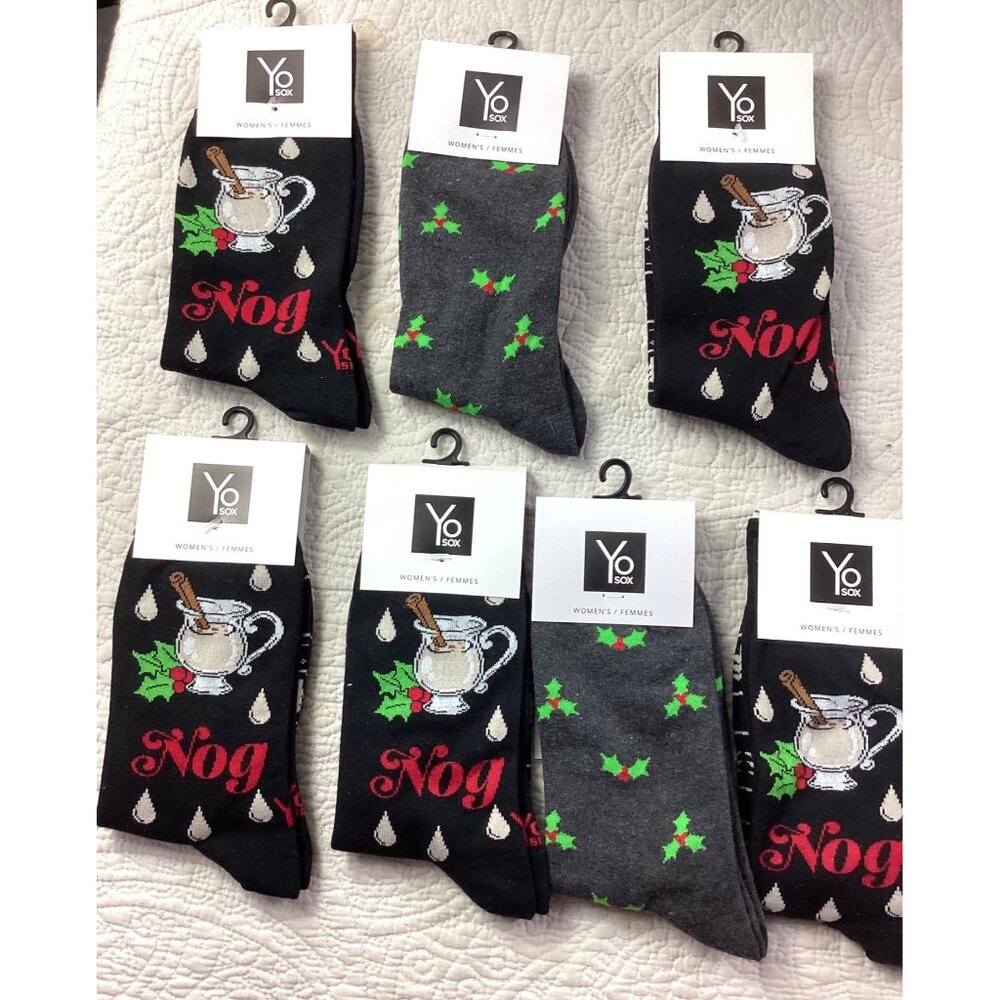 Lot of 7 Yo Sox Womens Festive Eggnog & Holly Socks Size 6-10 Cotton Blend*NWT